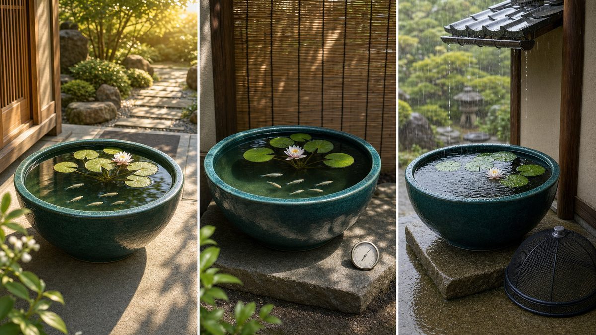 午前の日向と午後の竹すだれの日陰、軒下での雨対策を比較した睡蓮鉢