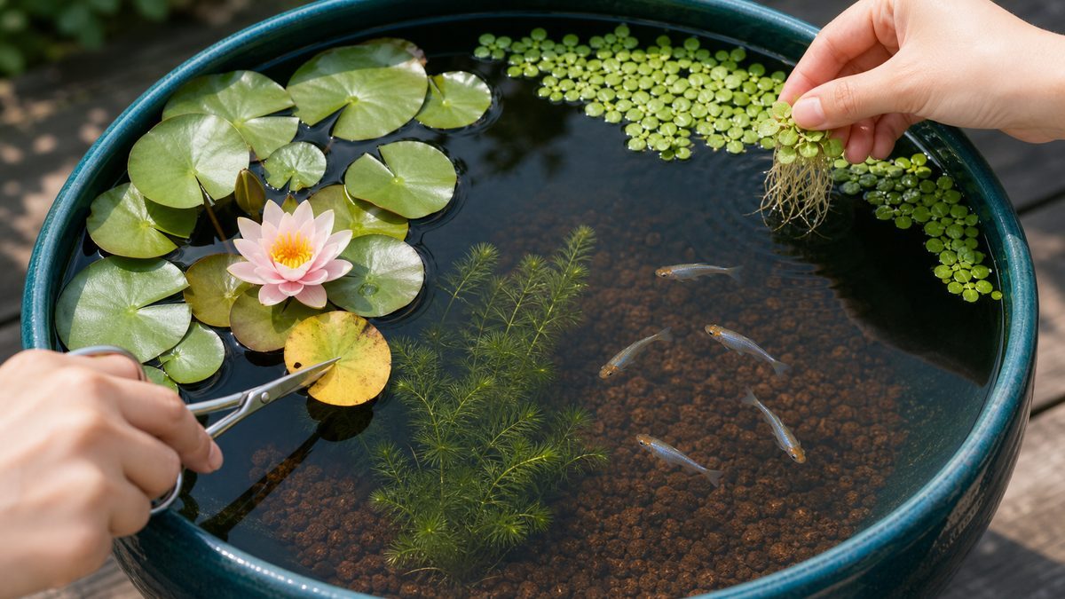 睡蓮の黄葉を剪定して浮き草を間引き、水面を開けたメダカの睡蓮鉢