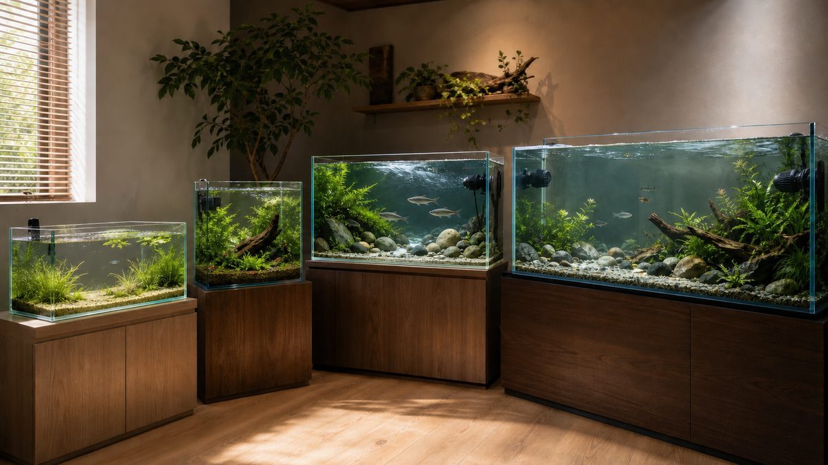 小型の穏やかな水槽・エビ水草水槽・川魚水槽・大型ゾーン水槽の例