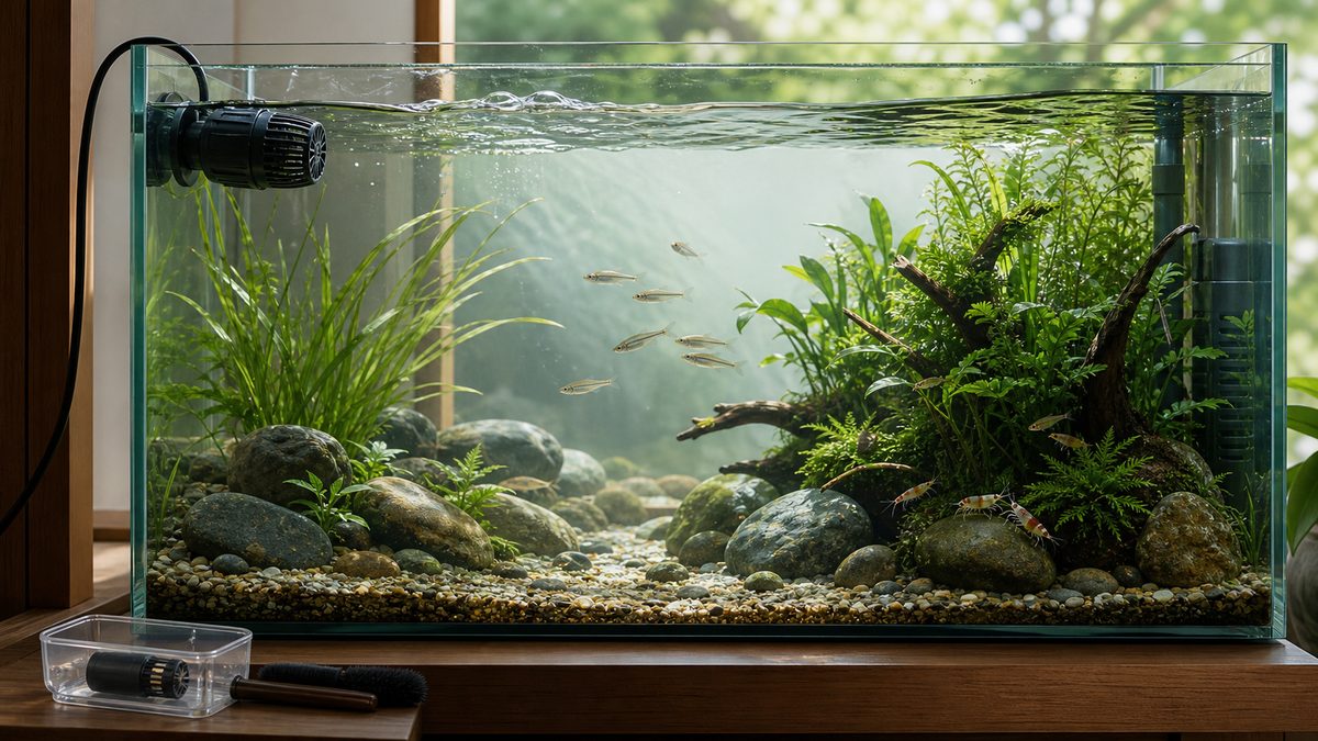 水面から底まで循環し流れ域と避難域を魚が選べる健康な淡水魚水槽