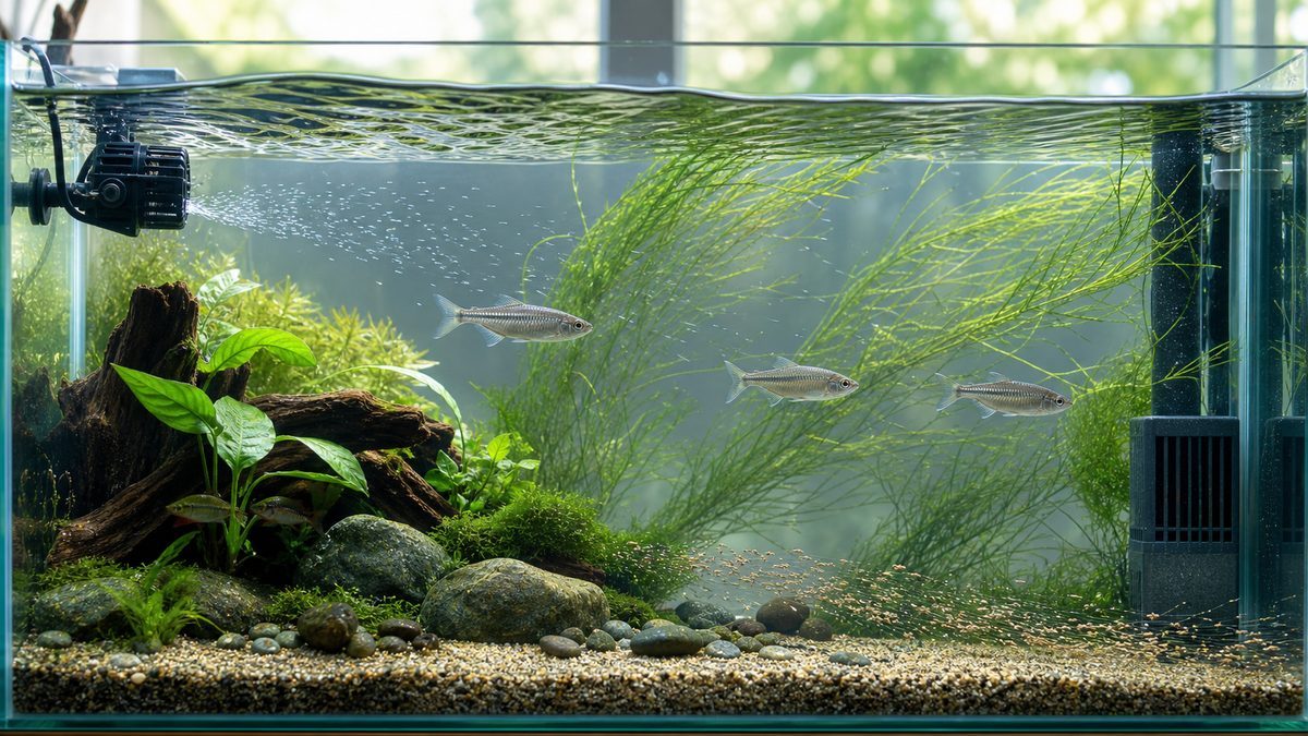水面を揺らし底の汚れをフィルターへ運び魚に流れと休息場所を作る循環