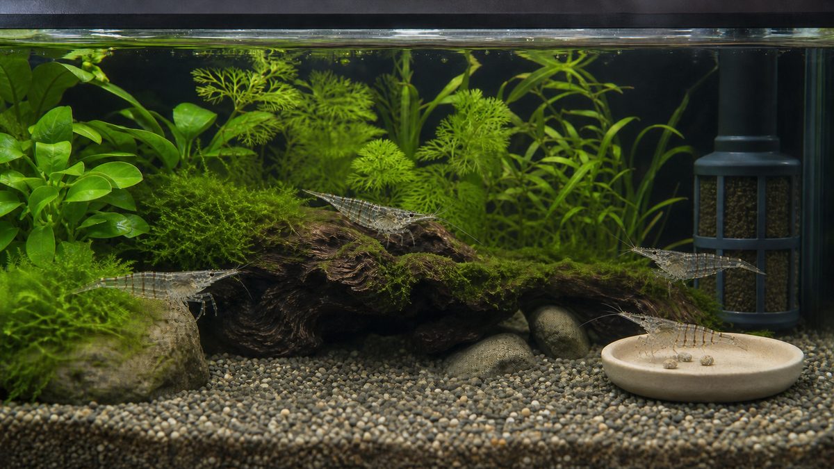 スジエビの水槽・ろ過・底砂・隠れ家・水草・給餌をまとめた飼育環境