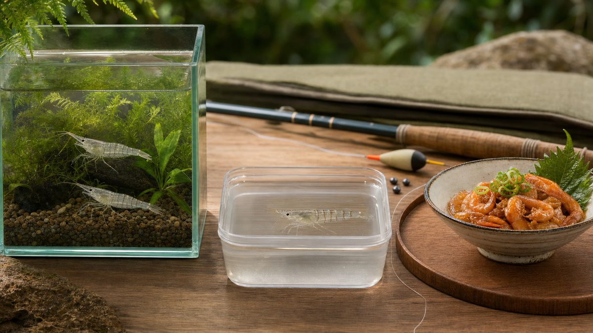 スジエビの観賞水槽・水を張った釣り餌容器・仕上げた小エビ料理を分けた場面