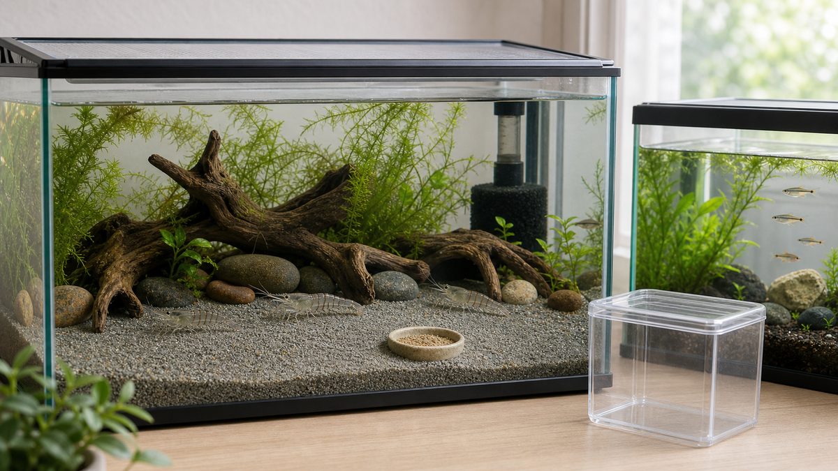 広いフタ付き水槽・複数の隠れ家・少量給餌・小型魚の別水槽で失敗を防ぐ場面