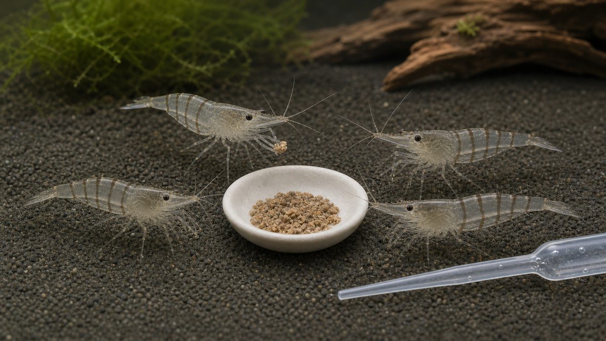 小皿の沈下性フードを食べるスジエビと食べ残しを回収するスポイト