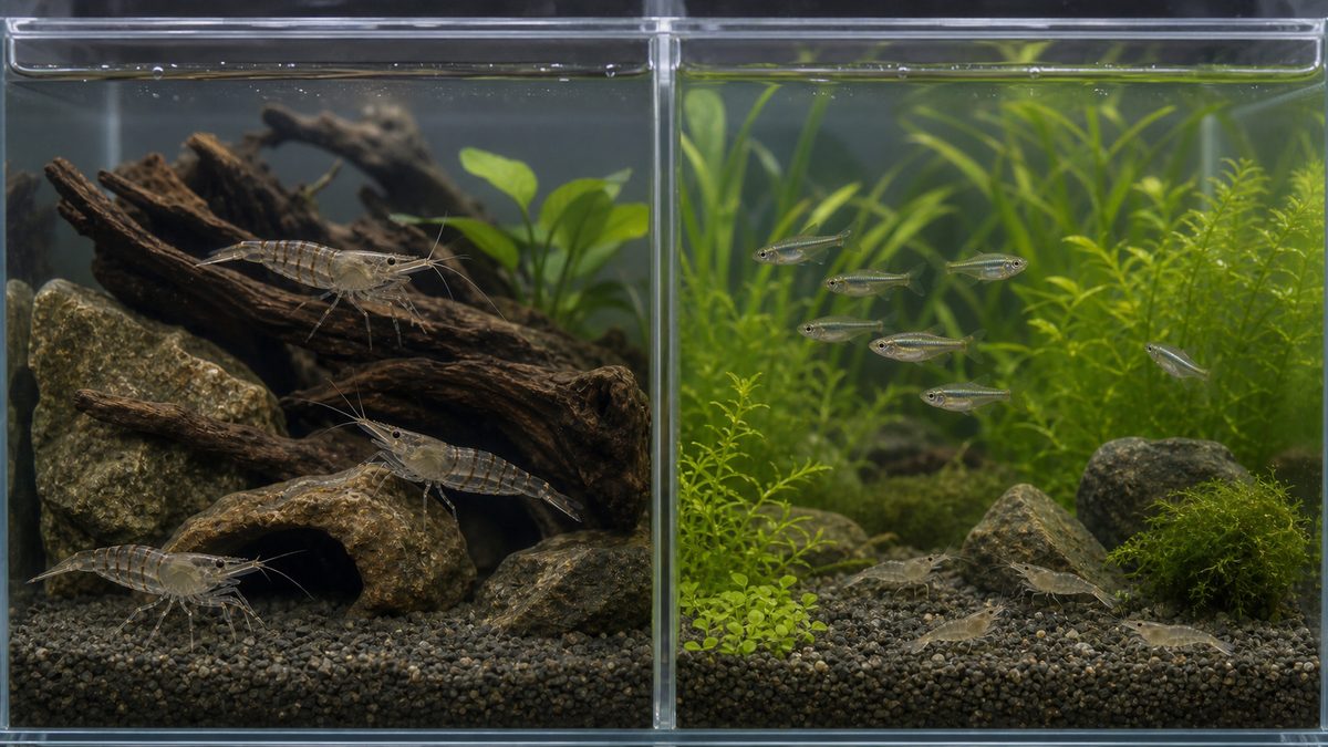 スジエビと小型魚・小型エビを隙間のないガラス仕切りで分けた水槽