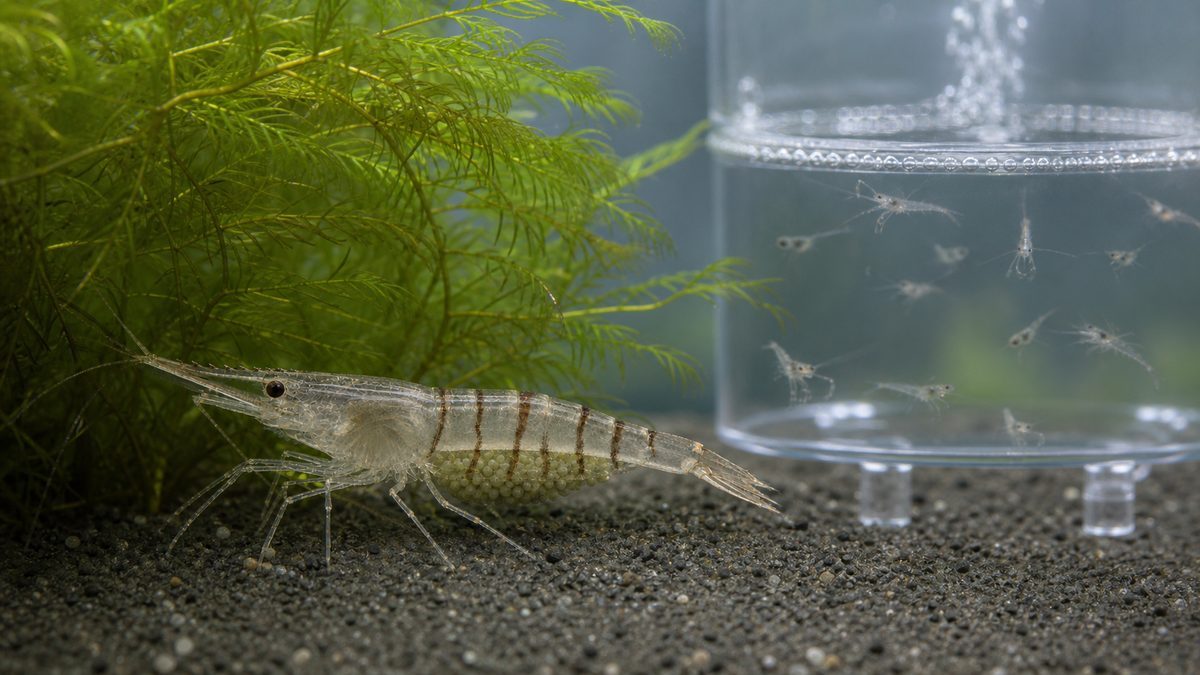 腹部に卵を抱えたスジエビのメスと別容器で観察する浮遊幼生