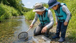 ライフジャケットを着た親子が夏の浅い川でタモ網と観察ケースを使う様子