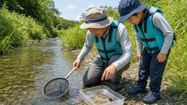 ライフジャケットを着た親子が夏の浅い川でタモ網と観察ケースを使う様子