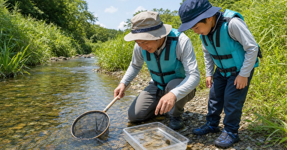 ライフジャケットを着た親子が夏の浅い川でタモ網と観察ケースを使う様子