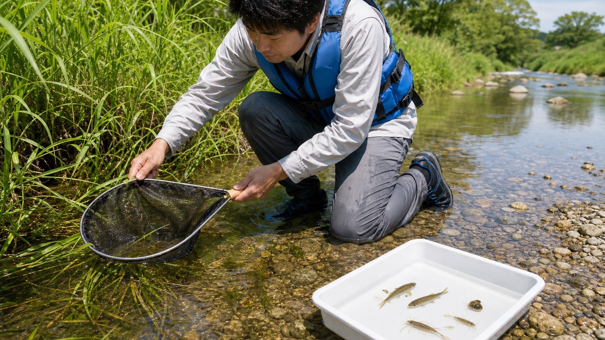 浅い川の草際へタモ網を入れ観察トレイで小魚やエビを確認する大人