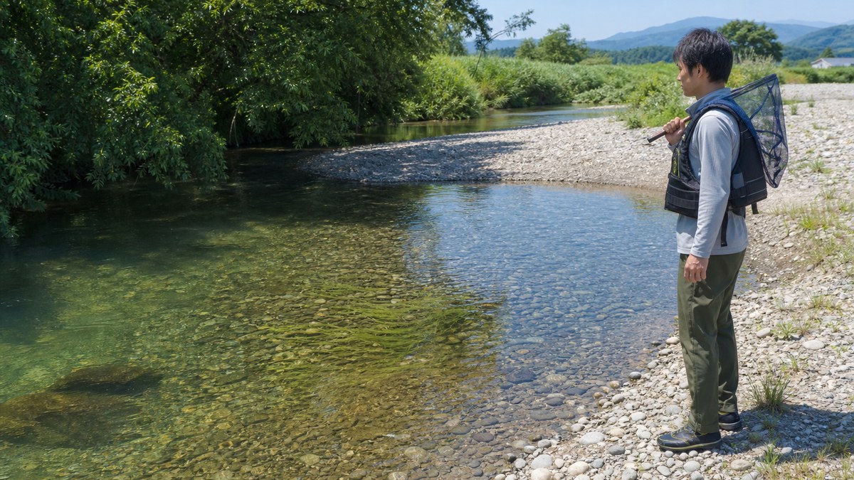 草と砂利があり出入りしやすい浅い川岸を入水前に確認する大人