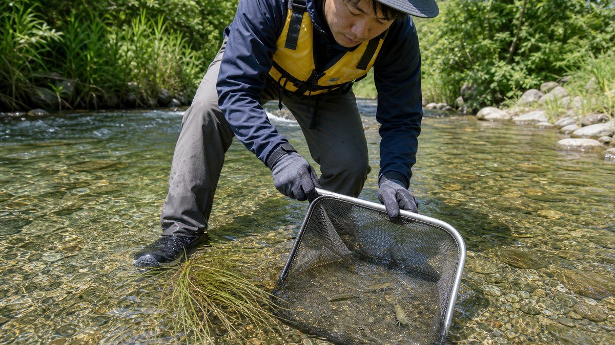 草束の下流側へ細かなタモ網を構え小魚とエビをすくう大人