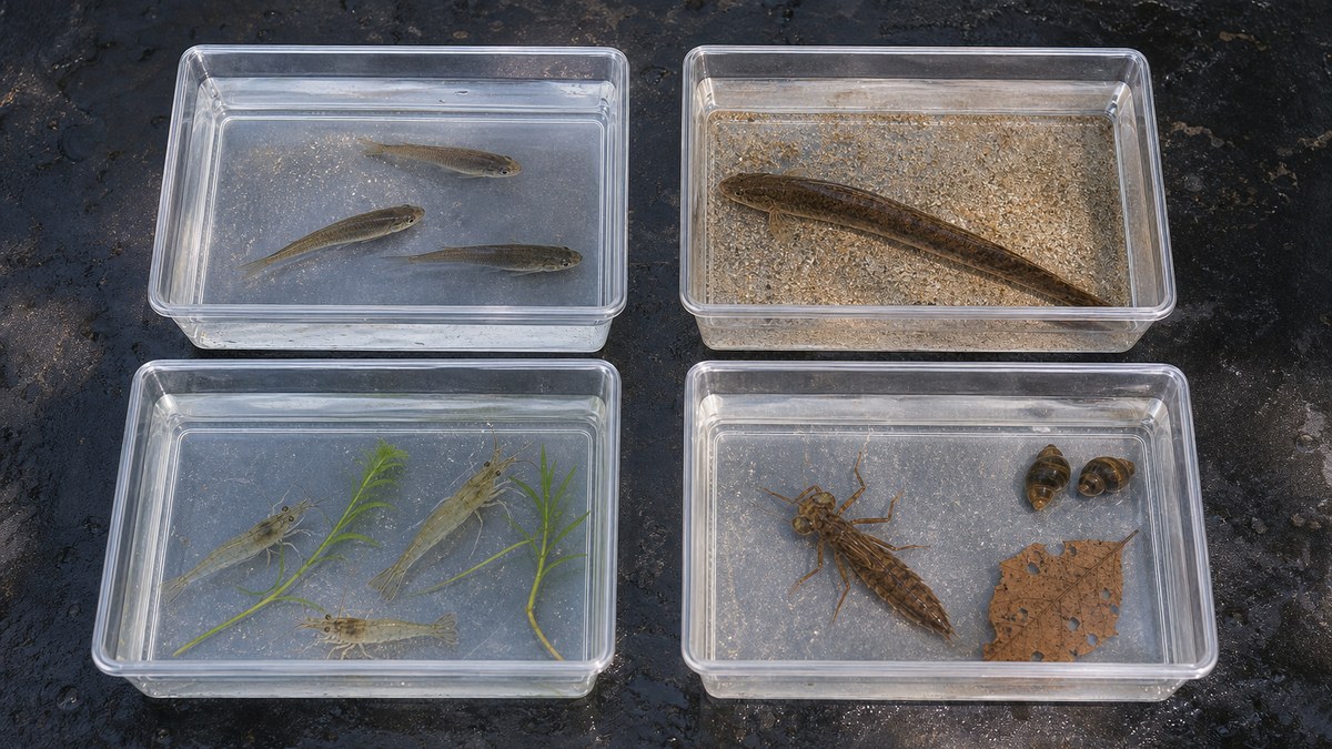 別々の透明トレイに分けた小魚とドジョウと淡水エビとヤゴと巻貝
