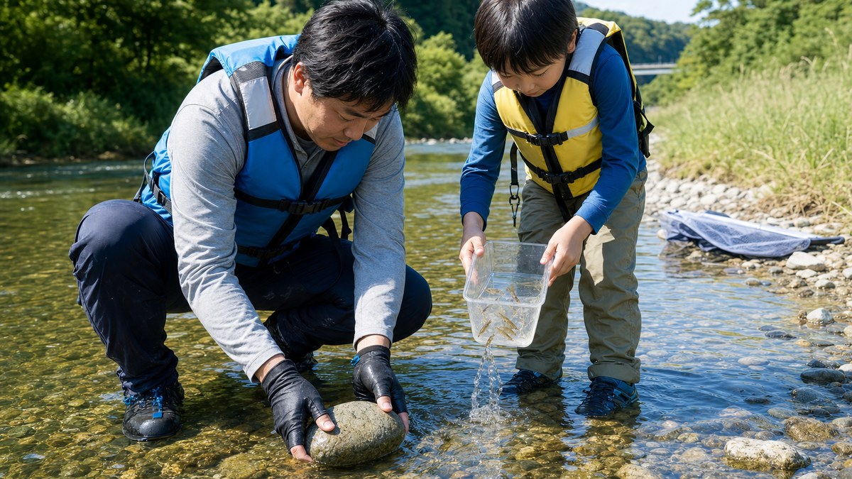 親子が採集した同じ川へ小魚を戻し大人が動かした石を元へ戻す様子