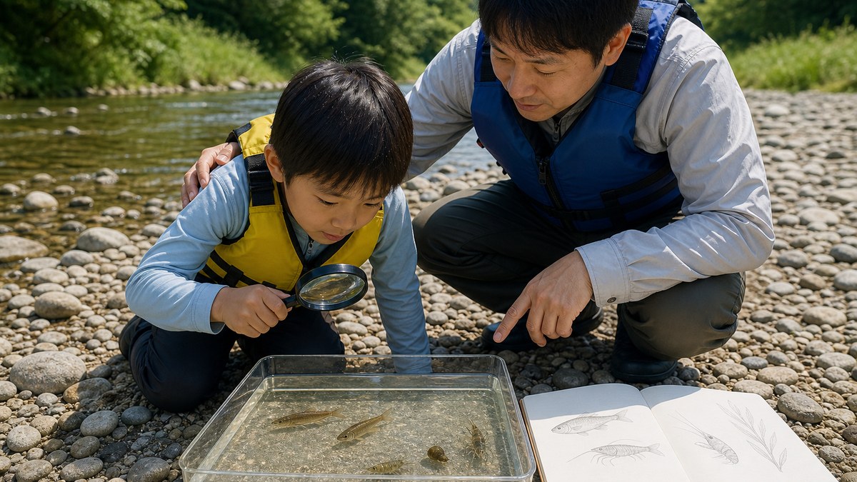 大人が付き添い子供が水入りトレイの小魚とエビをルーペで観察する様子