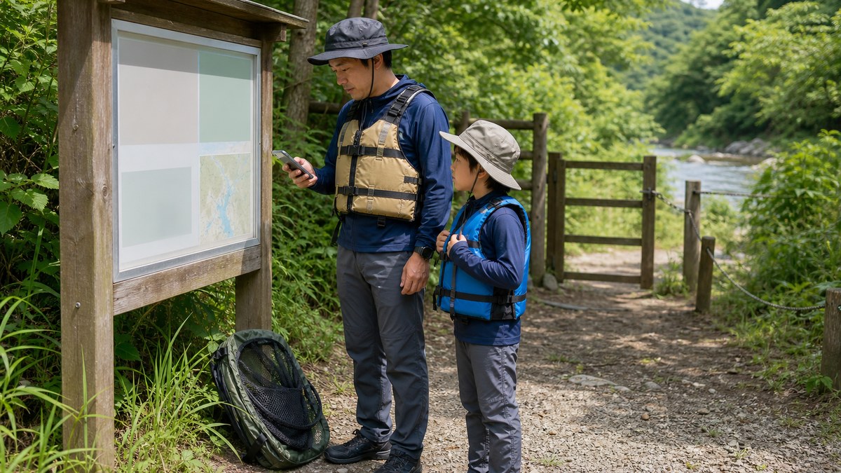親子が川へ入る前に現地の案内板とスマートフォンで地域ルールを確認する様子