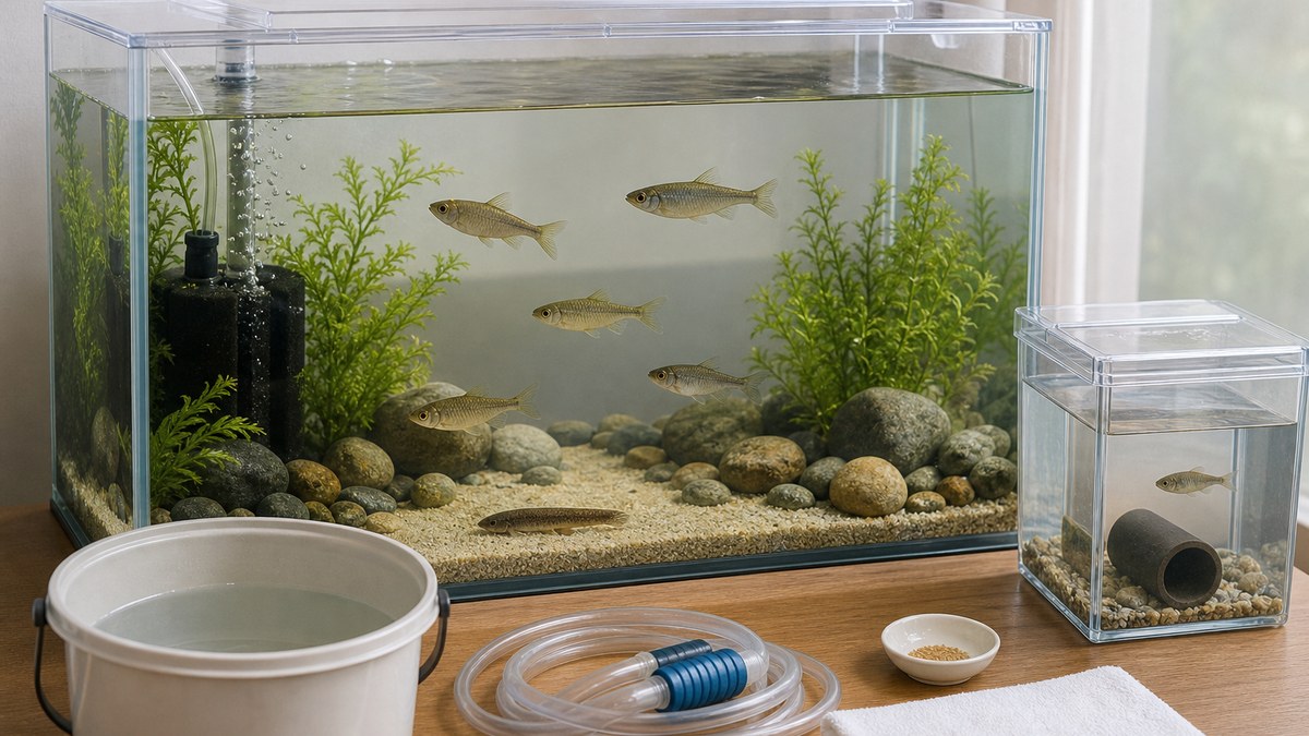 蓋とスポンジろ過と水草を備えた川魚水槽と別の隔離水槽と換水道具
