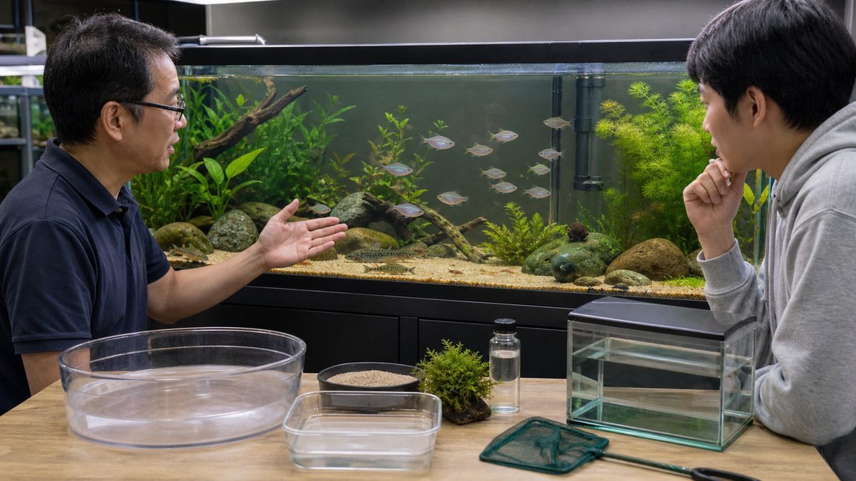 成熟したタナゴ混泳水槽を見ながら、成魚サイズ・遊泳層・隠れ家・使用水・予備水槽を確認する飼育者