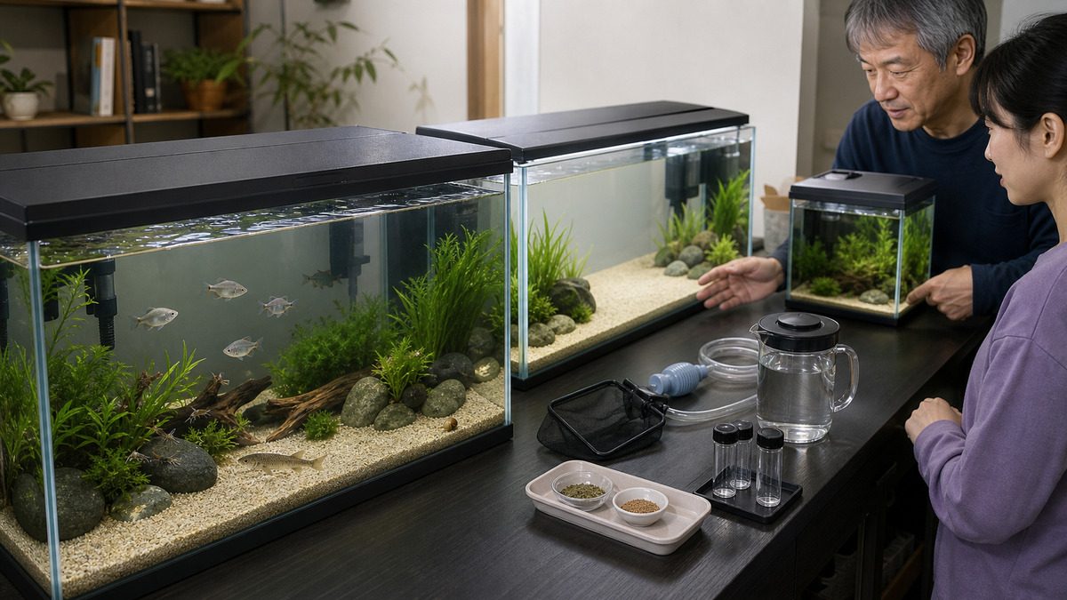 混泳水槽、レイアウト実演槽、フタ付き予備水槽と管理用品を順に確認するタナゴ飼育の相談場面