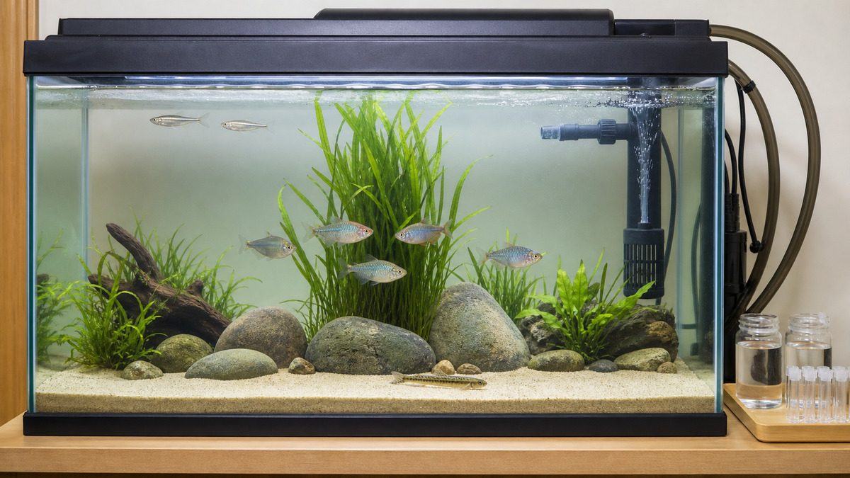 上層・中層・底層に魚が分かれ、同程度の体格と水質、植物の視線遮断を備えた横長水槽