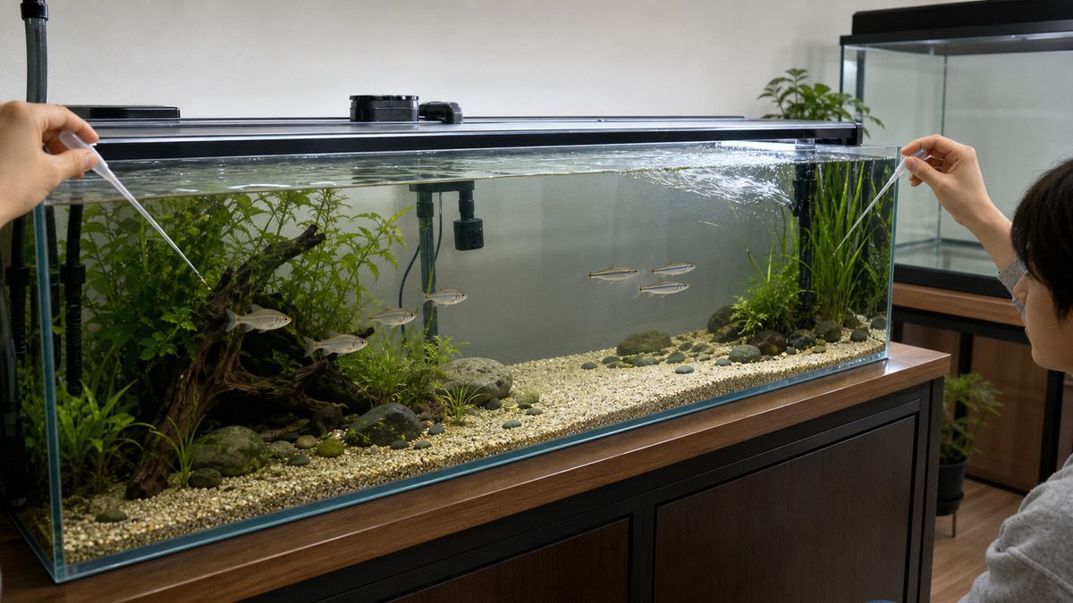 静かな植栽側のタナゴ類と流れのある開放側の小型コイ科魚へ、離れた二か所から少量給餌する横長水槽