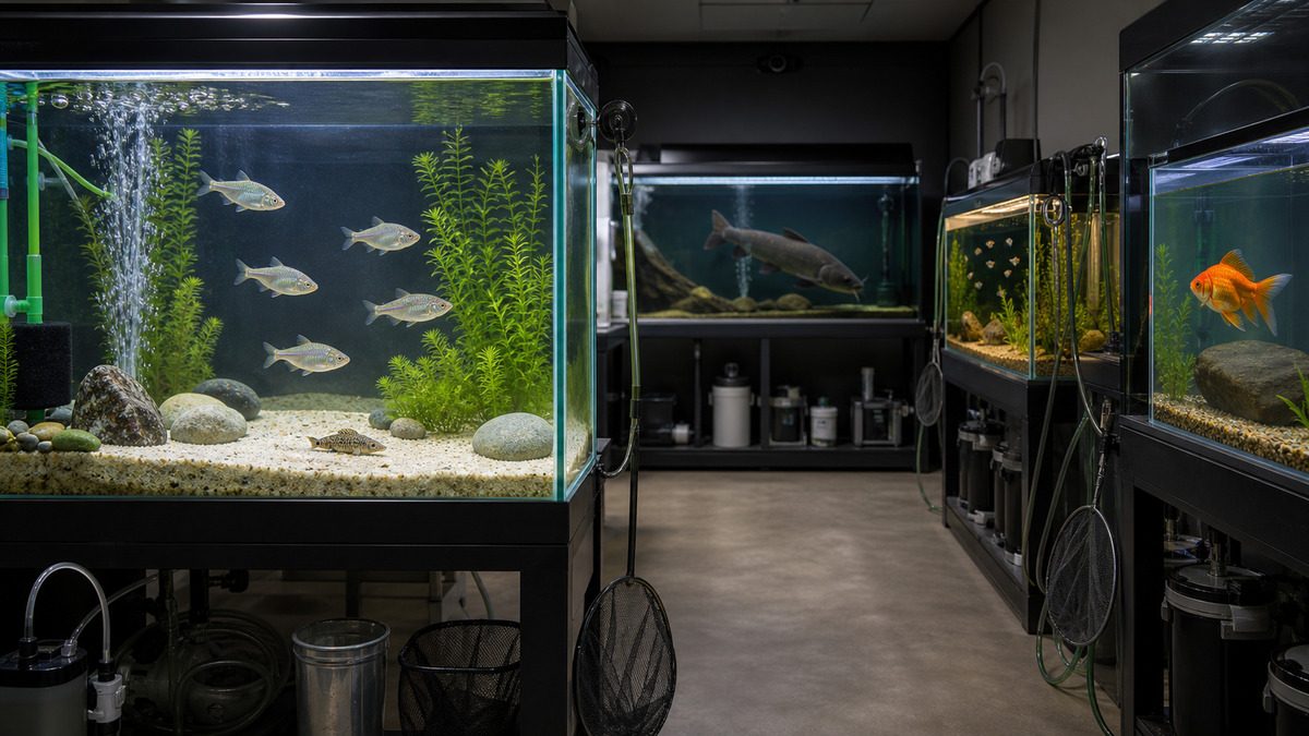 タナゴ水槽と、大型肉食魚・熱帯魚・金魚の水槽を独立した設備と道具で離して管理する飼育室