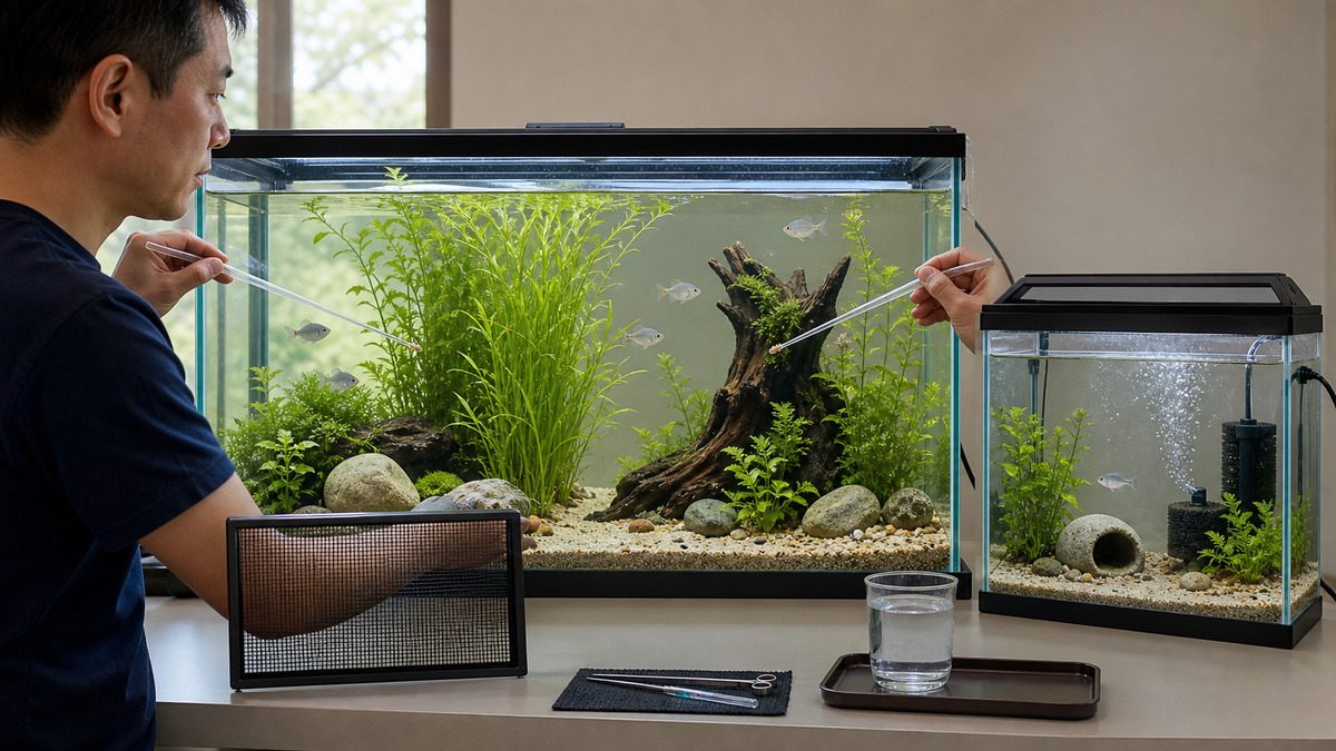 植物と流木で視線を遮り、二か所へ少量給餌し、隣のフタ付き水槽で一匹を観察する飼育者