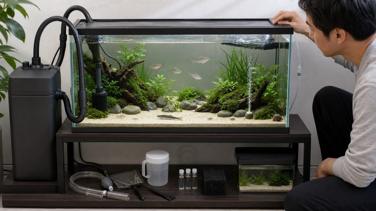 タナゴ混泳水槽のフタ、外部ろ過、吸水口ガード、エアレーション、細砂、水草、換水用品、予備水槽を点検する飼育者