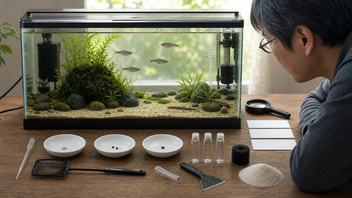 タナゴ用の細かな餌、底物用の沈下餌、エビ用の少量餌、給餌器具、採水、掃除用品を水槽横で確認
