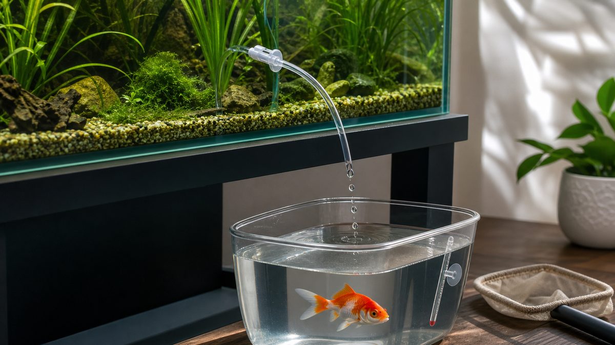 本水槽の水をチューブで金魚の養生容器へ少しずつ落とす点滴法の水合わせ