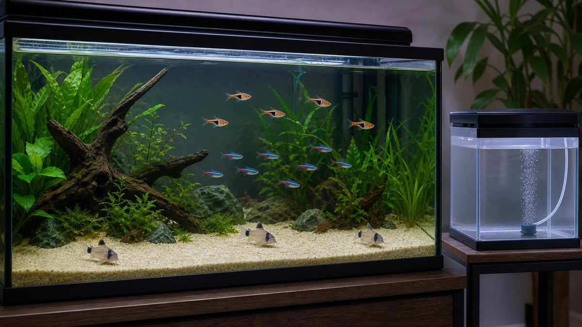 三つの泳層を使い分ける熱帯魚の混泳水槽と空の導入前観察水槽