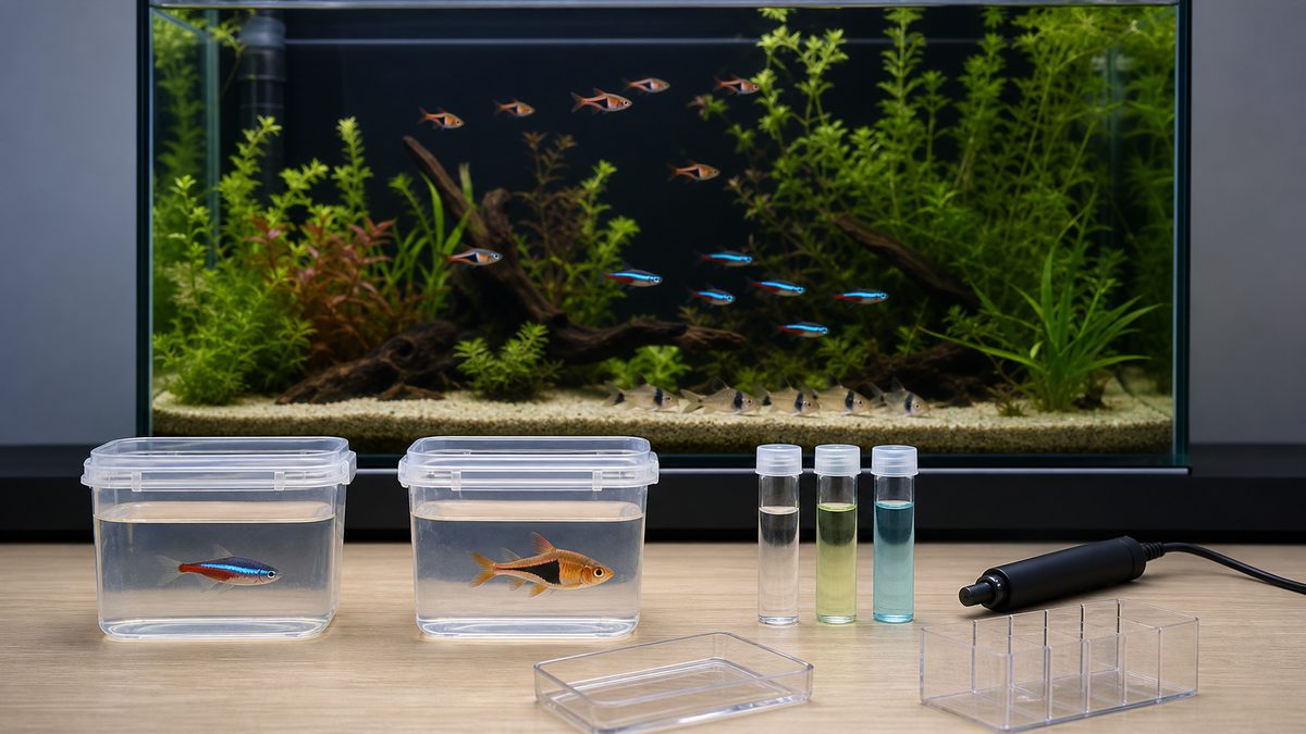 別容器のネオンテトラとラスボラを水質試験器具と本水槽の泳層で比較する様子