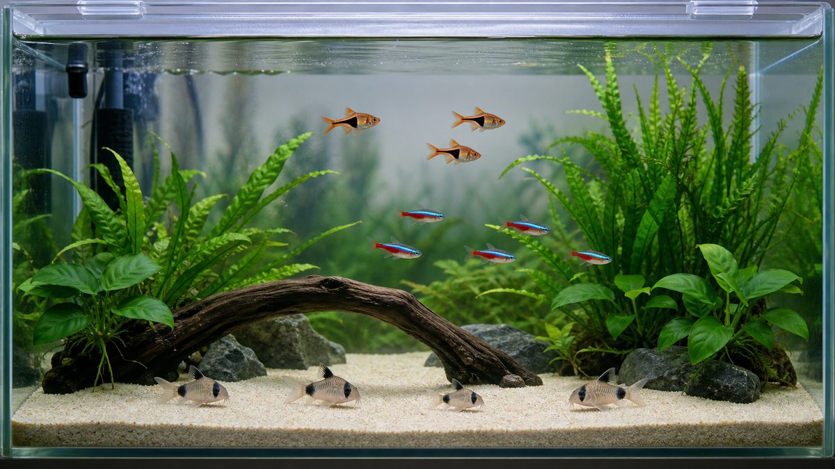 60cm植栽水槽で泳層を分けるネオンテトラとラスボラとパンダコリドラス