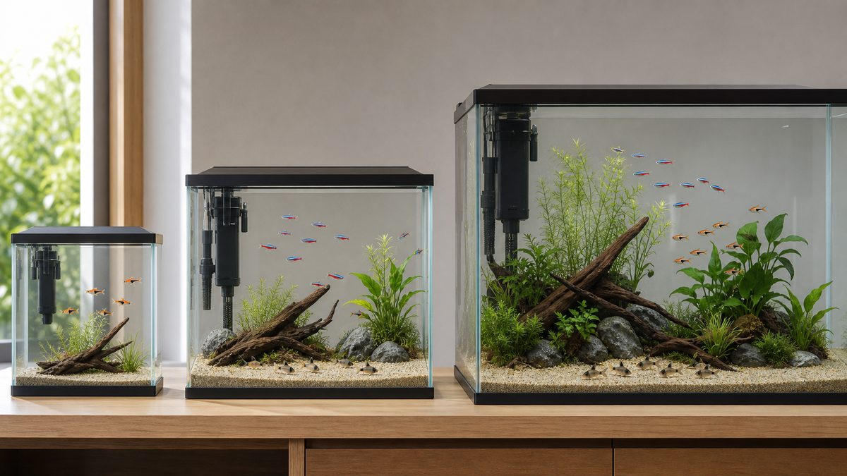 小型から大型へ順に並べた三つのフタ付き混泳水槽と魚種構成の違い