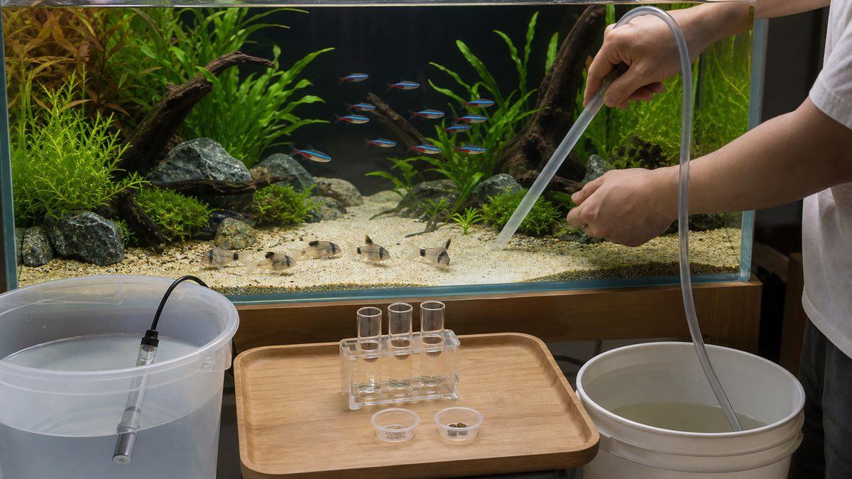 魚から離れた砂地を部分換水し準備水と水質試験と少量の餌を用意する様子