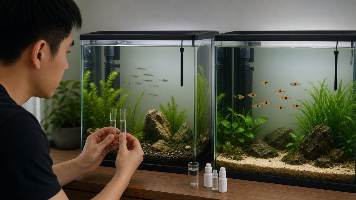 野生色の日本産メダカとラスボラを別水槽に置き水温と水質条件を比較する様子