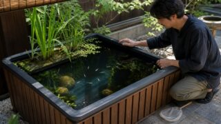 木枠で囲んだ黒いトロ舟に水草とメダカを配した和風ビオトープの完成例