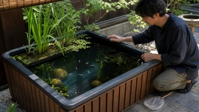 木枠で囲んだ黒いトロ舟に水草とメダカを配した和風ビオトープの完成例