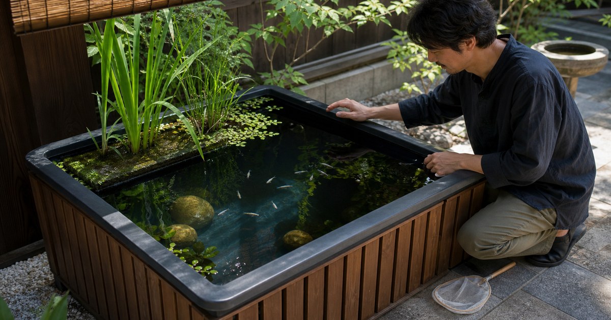 木枠で囲んだ黒いトロ舟に水草とメダカを配した和風ビオトープの完成例