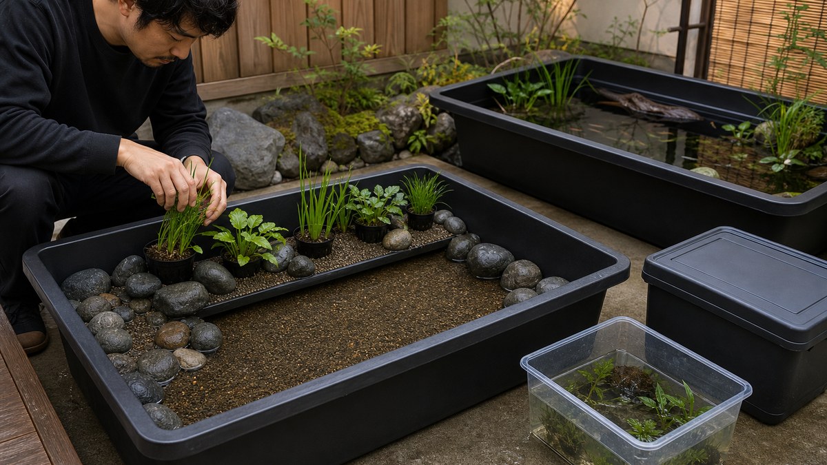底床と石を敷いた空のトロ舟に水草を植え完成済みのビオトープと見比べる様子