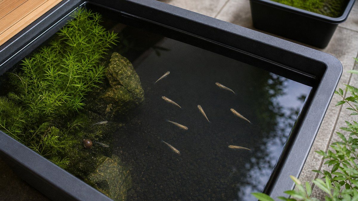 広い遊泳スペースと水草の隠れ家があるトロ舟を泳ぐ少数のメダカ