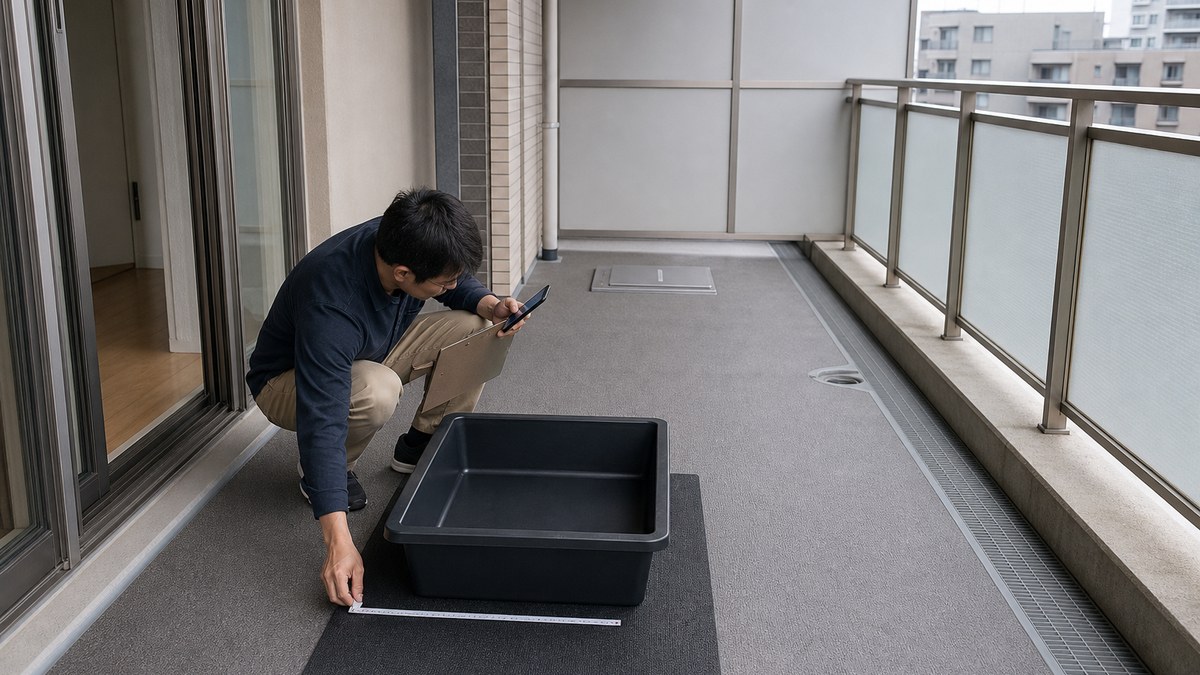空のトロ舟を手すりから離して置き扉、排水溝、避難ハッチを確認する設置前点検