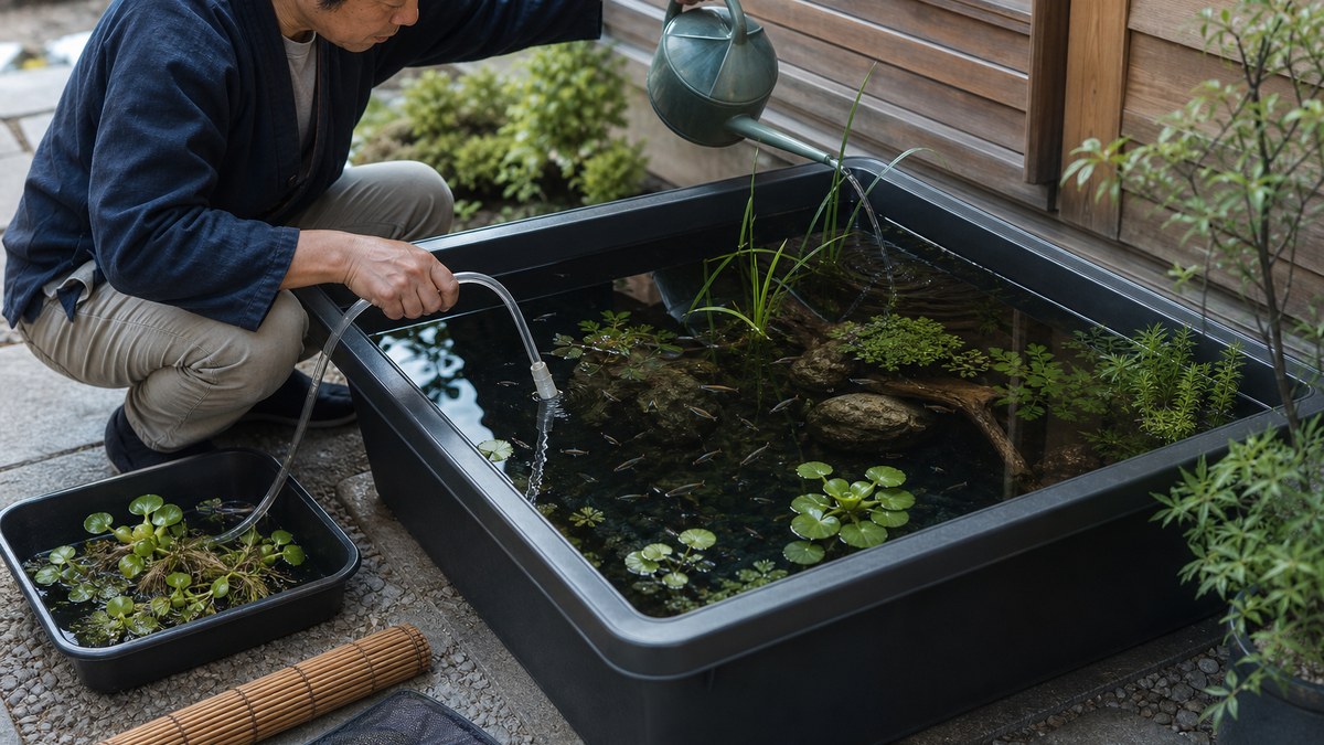 メダカを観察し準備水を少量足しながら浮草の間引きと部分清掃を行う様子
