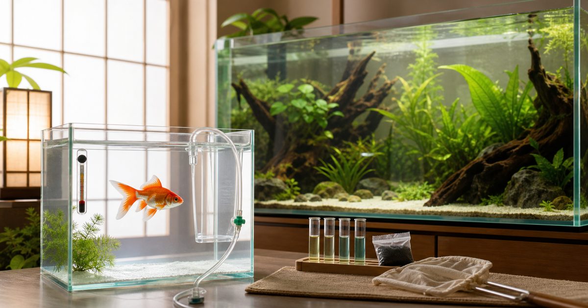 薬浴・塩浴後の金魚を養生水槽から本水槽へ戻す準備を示すアイキャッチ