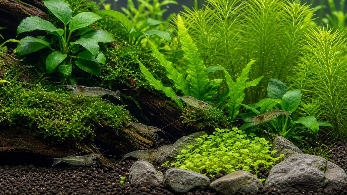 ヤマトヌマエビがモスやアヌビアスなどの水草水槽で過ごす画像