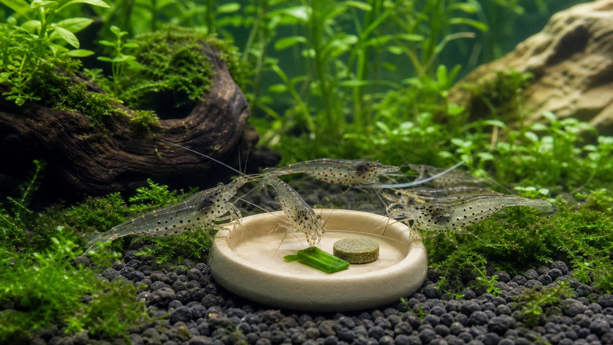 ヤマトヌマエビに少量の沈下性餌と野菜を与える給餌量の画像