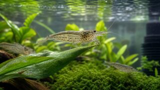 水草水槽の葉の上に立つヤマトヌマエビと安全な吸水スポンジ