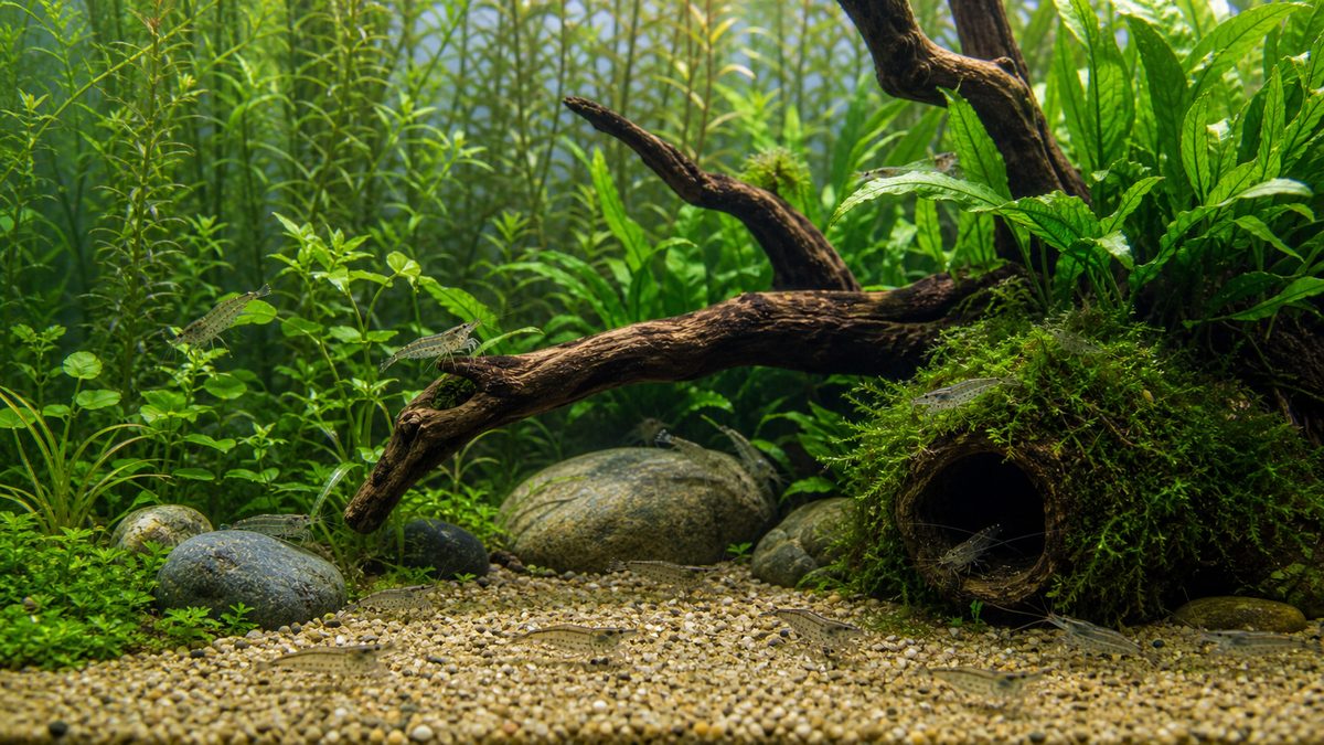 開けた前景・流木・石・水草・モスの隠れ家を組み合わせた水槽レイアウト