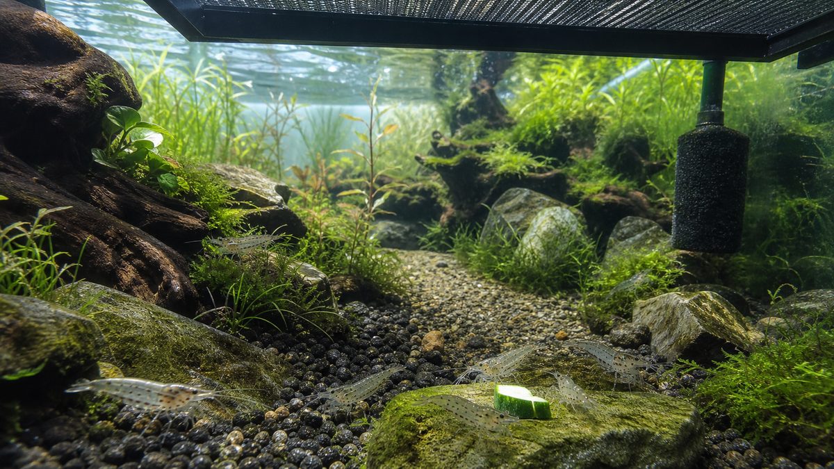 採餌路・モス・吸水スポンジ・フタを備えたヤマトヌマエビ水槽の完成形
